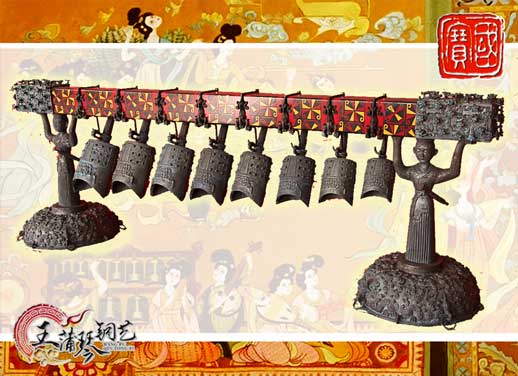 8件古編鐘，銅人銅座裝飾，可發(fā)音